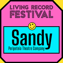 A bright pink tile with 'Sandy: Peripeteia Theatre Company' written on it.