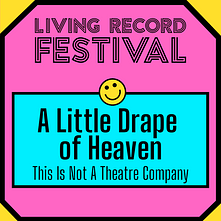 A bright pink tile with 'A Little Drape of Heaven. This is Not A Theatre Company' written on it.