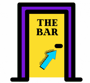 A graphic of a door with a moving arrow pointing to the handle. It says bar on it